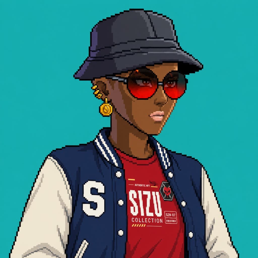 Pixel-art portrait of a SIZU varsity-jacket character with red shades on a teal background