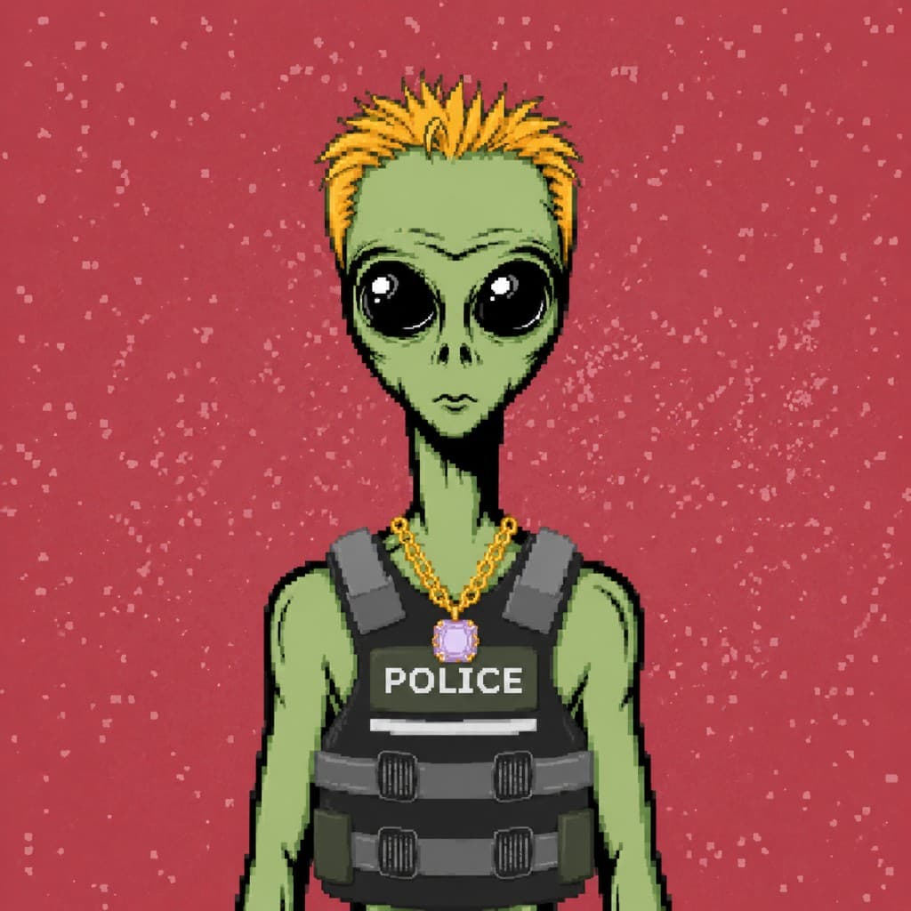 Cartoon alien wearing a POLICE vest with a gem chain on a red speckled background