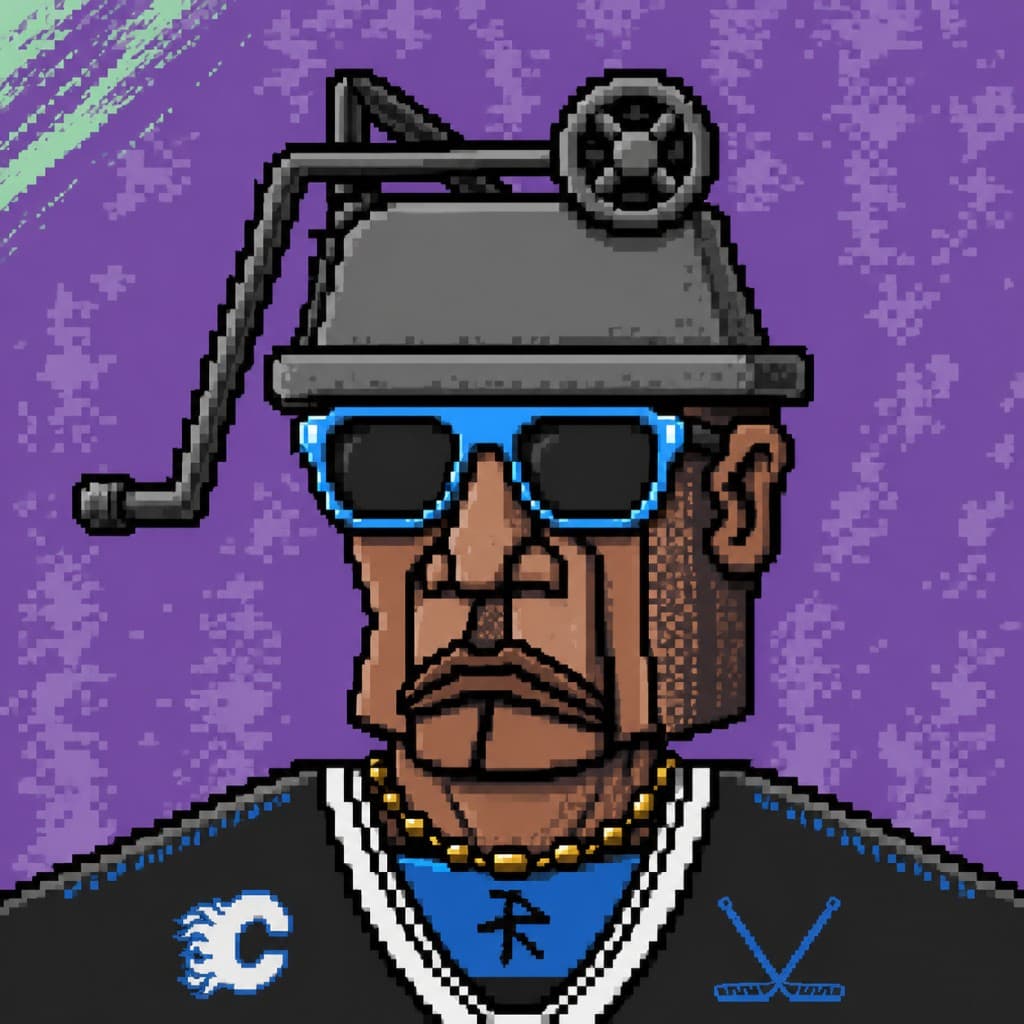 Pixel-art hockey character with a propeller helmet and gold chain on a purple background
