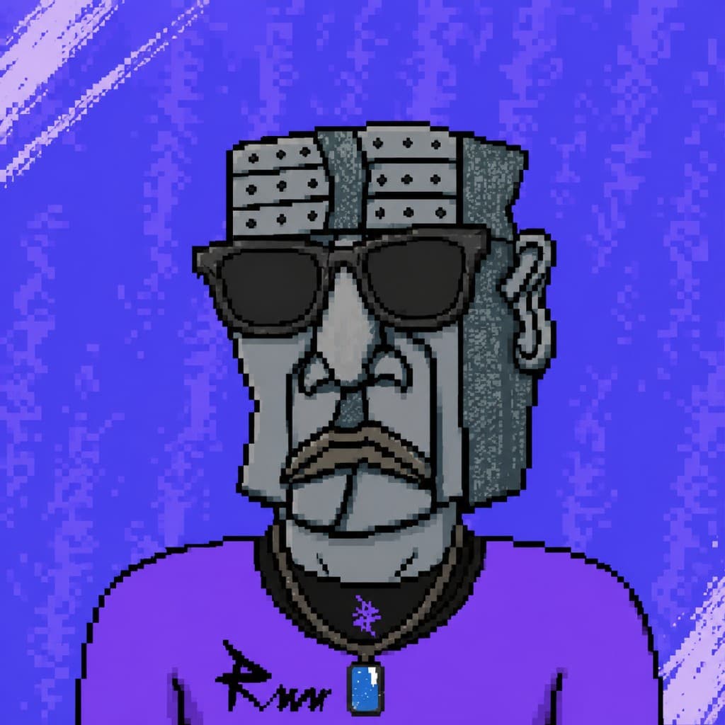 Stylized stone-faced character with shades and purple jersey on a violet background