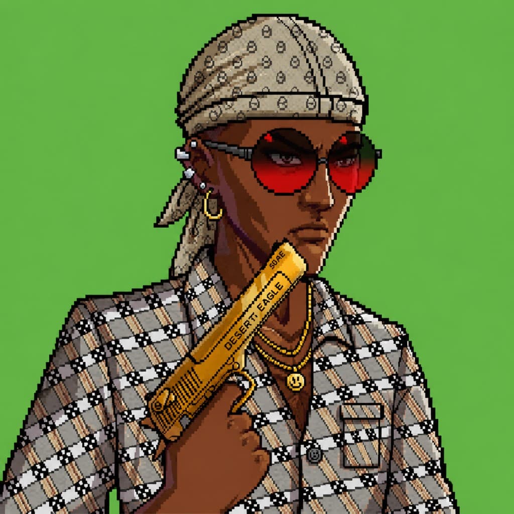 Pixel-art bandit with patterned bandana and gold pistol on a green background