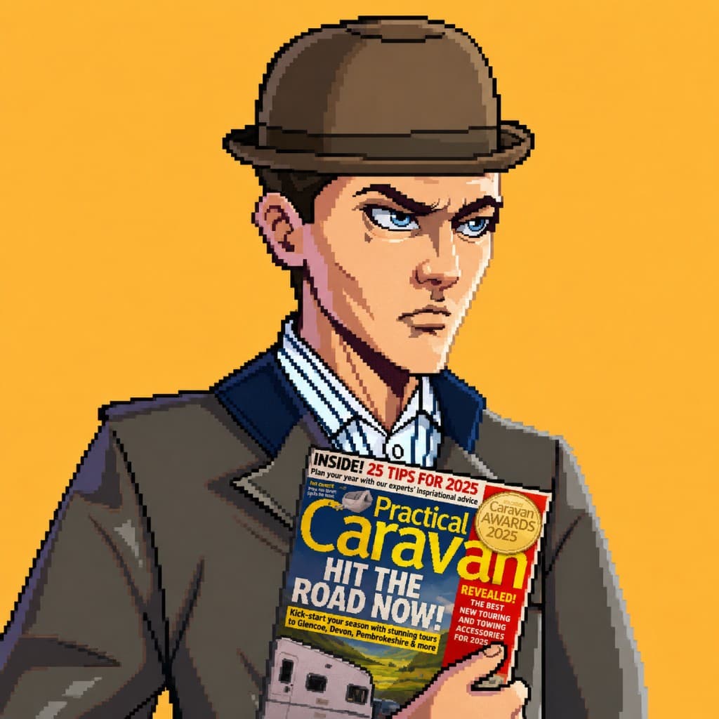 Pixel-art character in a bowler hat holding a magazine on a yellow background